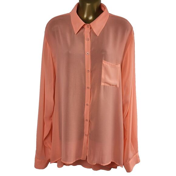 Bongo Plus Size 2X Coral Chiffon Sheer Tunic Back Ladder Cutout Long Sleeve - Picture 6 of 14